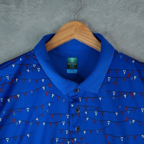 Pro Tour Polo Mens XXL Blue Flags Print Coolplay Performance Golf Short Sleeve - Picture 3 of 7